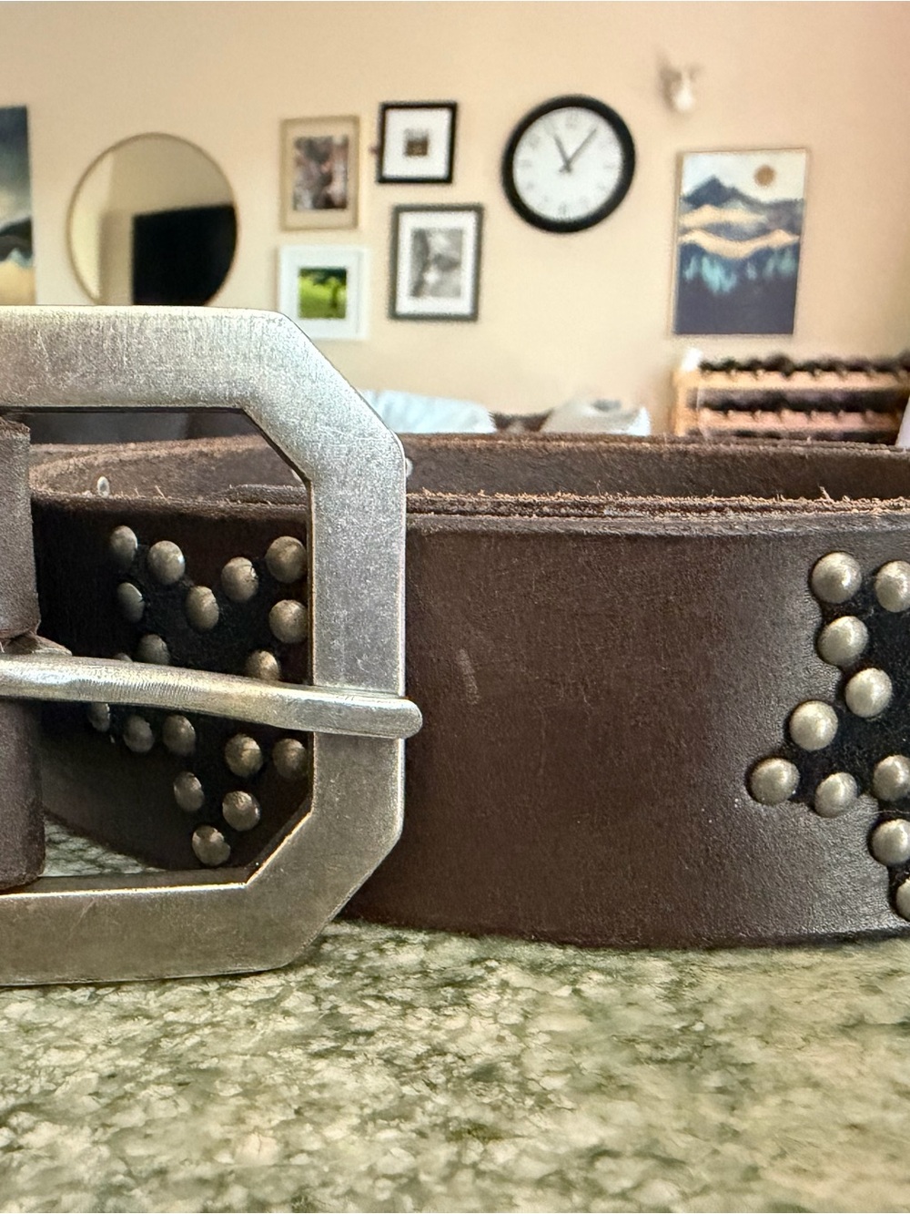 Free People Brown Studded Leather Belt with Antiqued Metal Buckle
